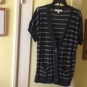 Short sleeved blue and white striped knit sweater